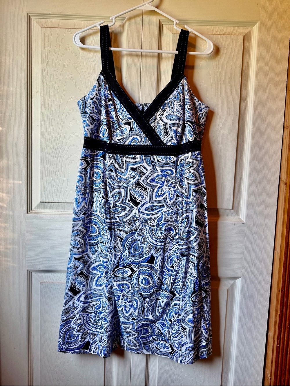 Women’s Blue Paisley Midi Dress with Black Trim